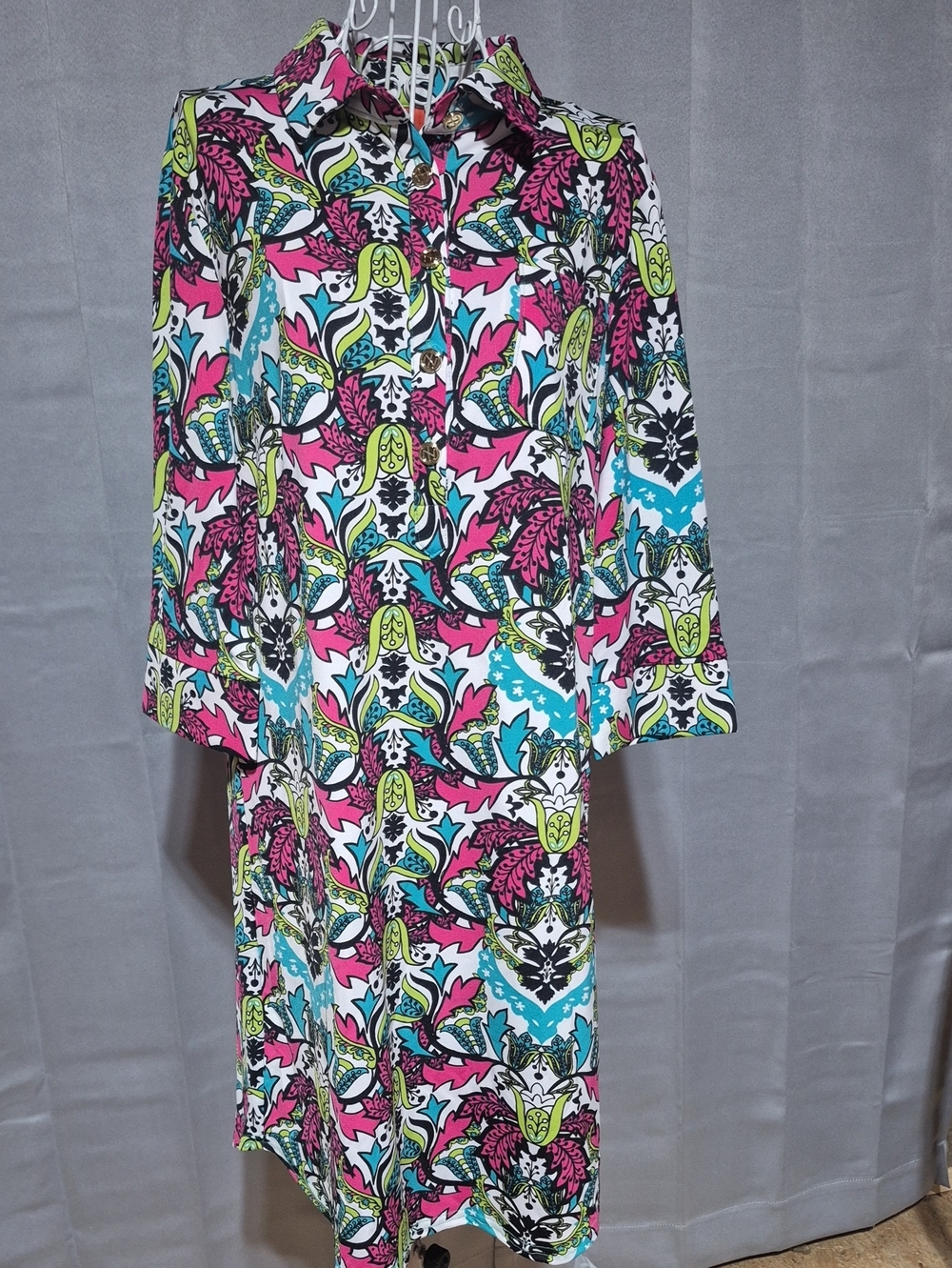 Tracy Negoshian Pink Blue Lime Green Black White 3/4 Sleeve Shirt Dress